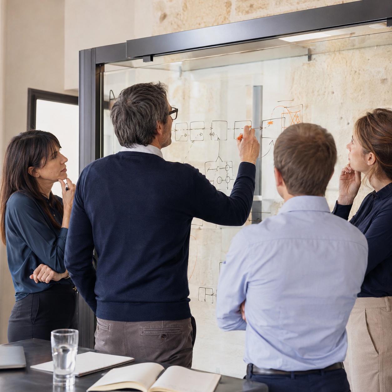 A facilitator guiding business leaders through a Lean process-mapping workshop